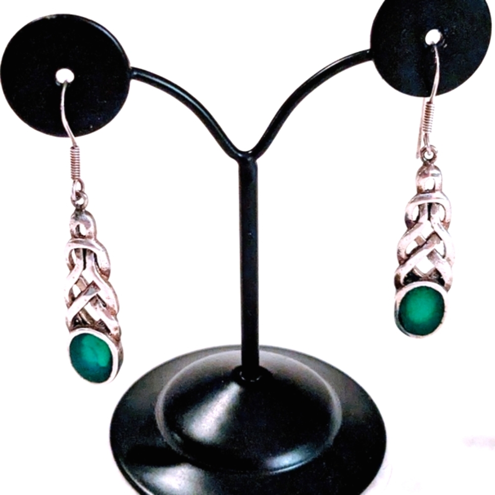 Irish Celtic Claddagh Green and Solid Sterling Earrings
